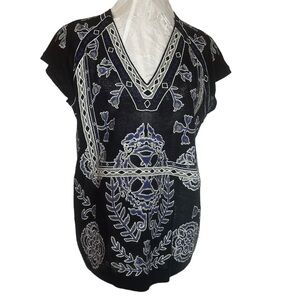 Tory  Burch navy blue embroidered top cap sleeves size LG